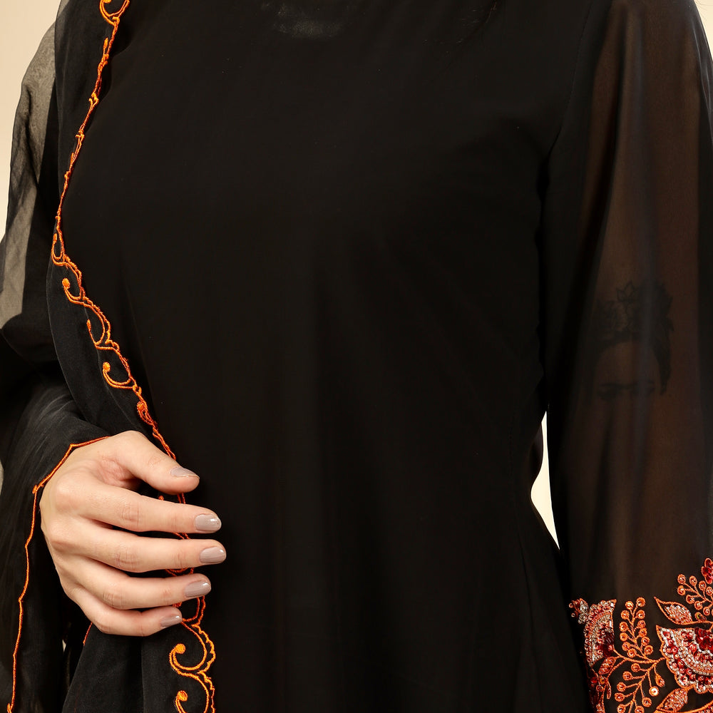 
                      
                        Black Premium embellished Burnt Orange kurta set
                      
                    