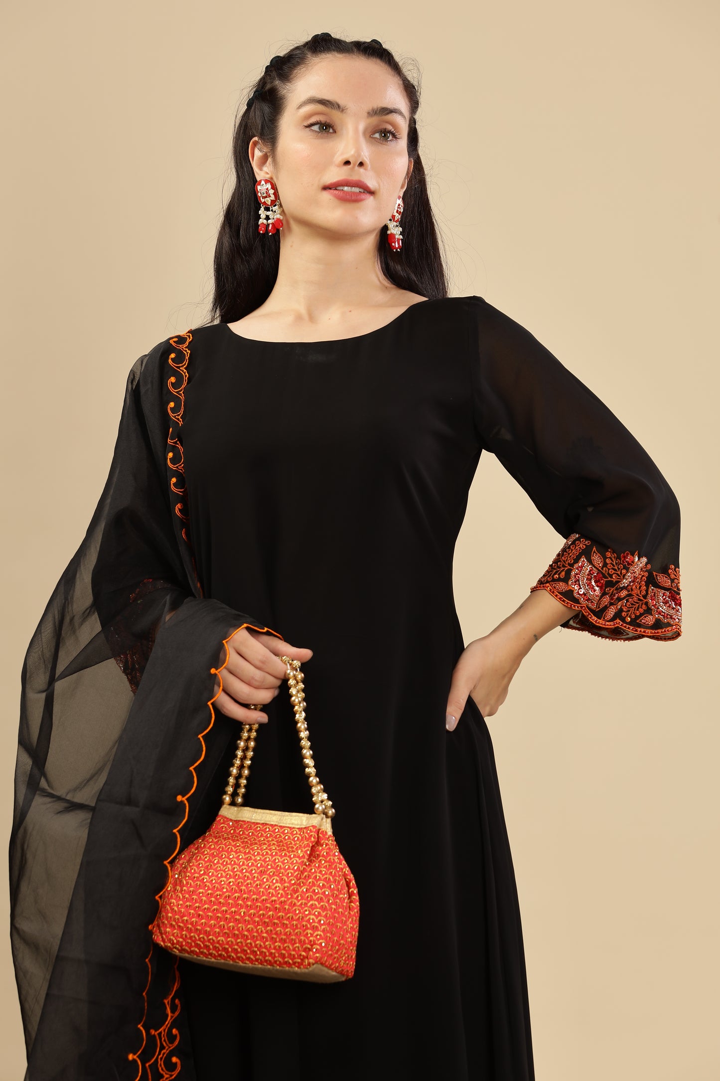 Black Premium embellished Burnt Orange kurta set