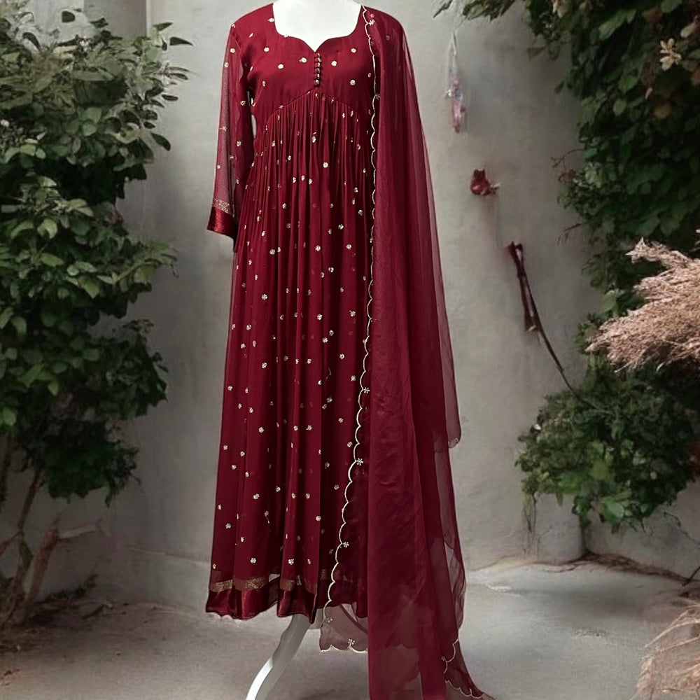 Maroon Embellished Kurta Set