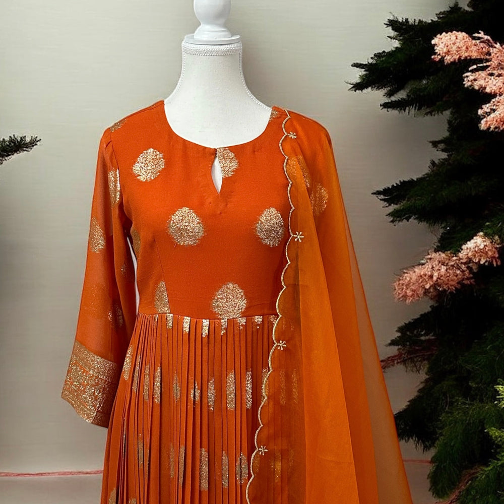 
                      
                        Delicious orange Banarasi soft Georgette Kurta Set
                      
                    