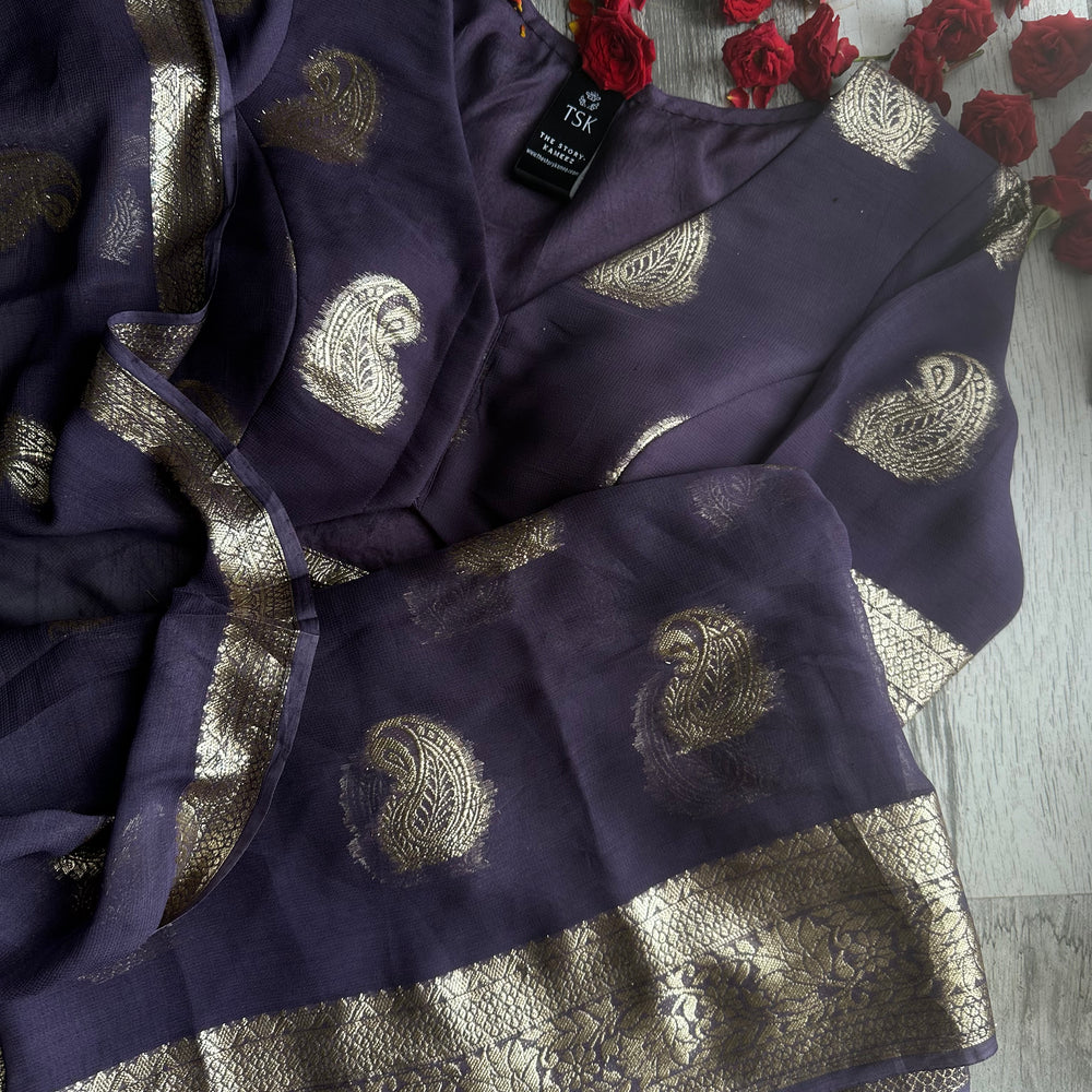 
                      
                        Rutvi’24 - Lilac Paisley Banarasi Soft Chiffon Saree
                      
                    