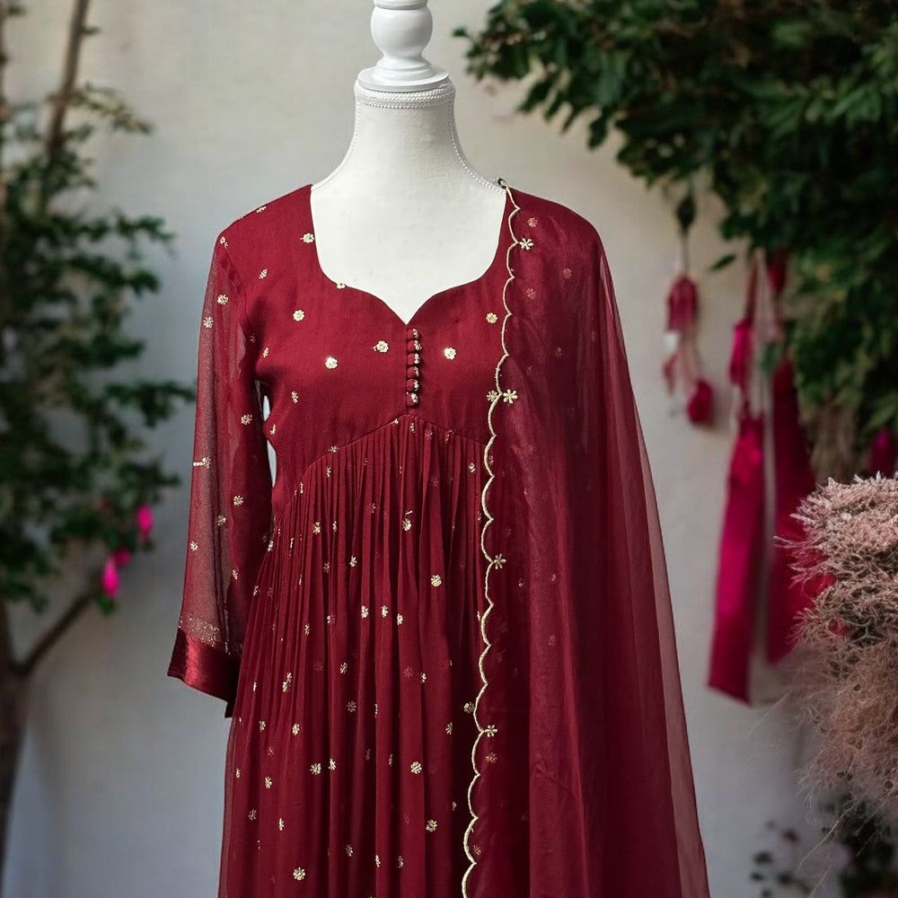 Maroon Embellished Kurta Set