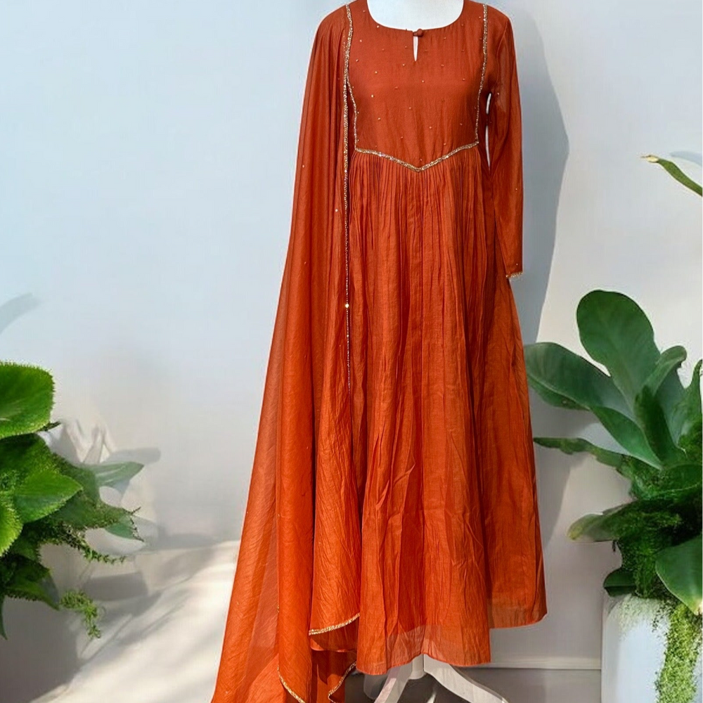 
                      
                        Mul Chanderi Timeless Burnt Orange Kurta Set (Luxe Pret Edition)
                      
                    