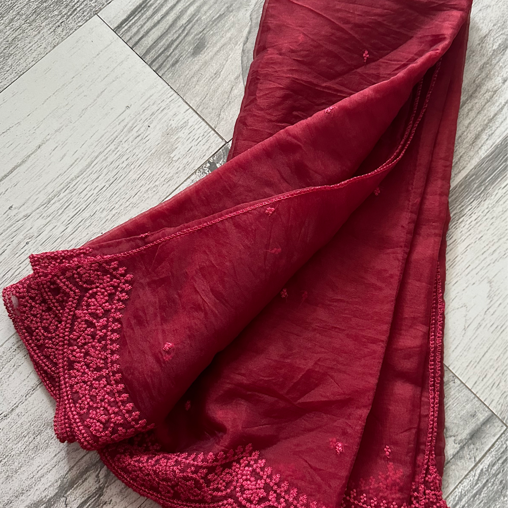 
                      
                        Rosy Red Enchanted Organza Dupattas
                      
                    