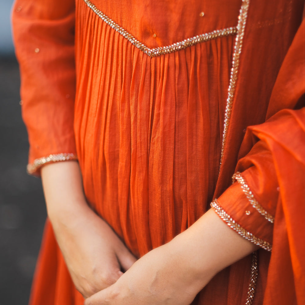 
                      
                        Mul Chanderi Timeless Burnt Orange Kurta Set (Luxe Pret Edition)
                      
                    