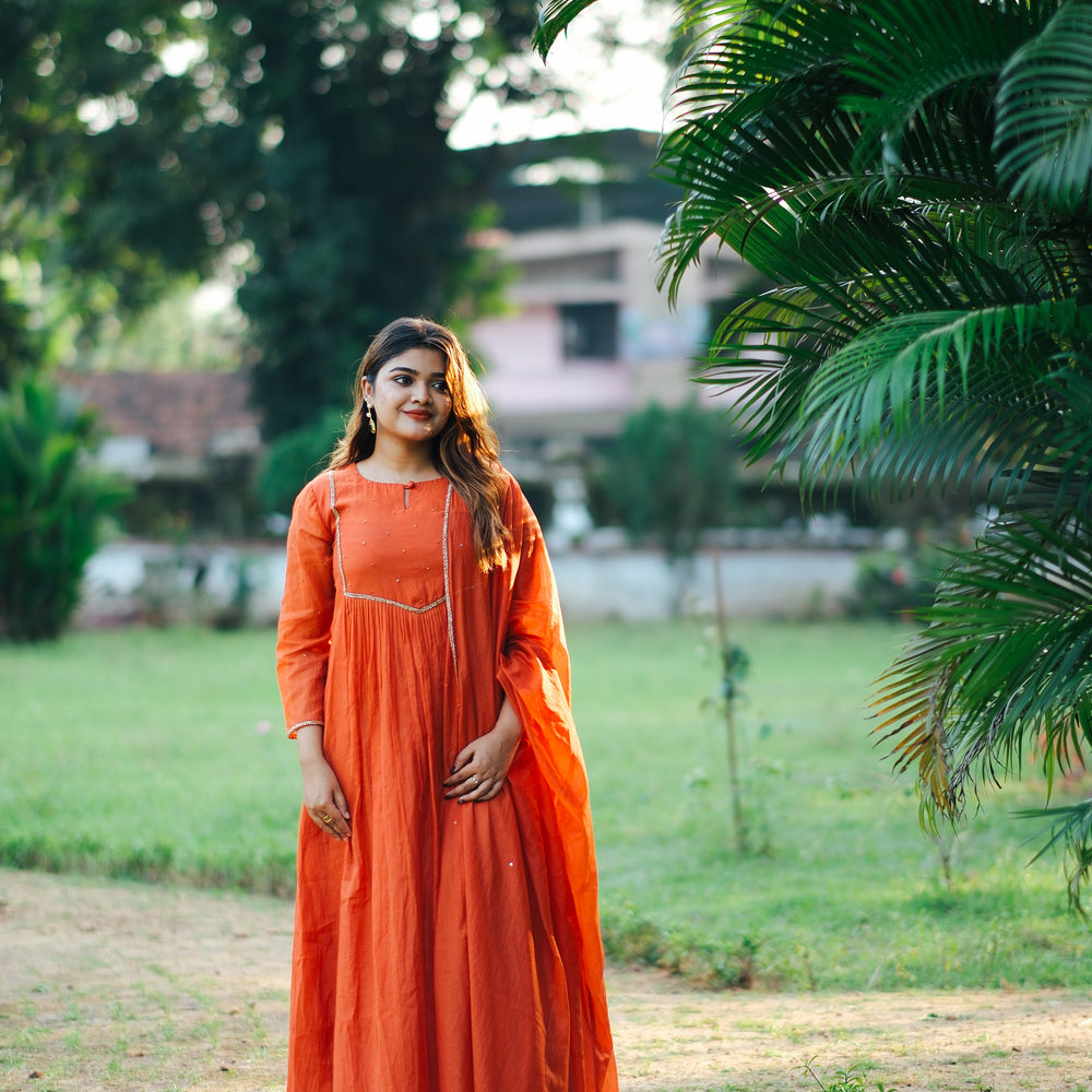 
                      
                        Mul Chanderi Timeless Burnt Orange Kurta Set (Luxe Pret Edition)
                      
                    