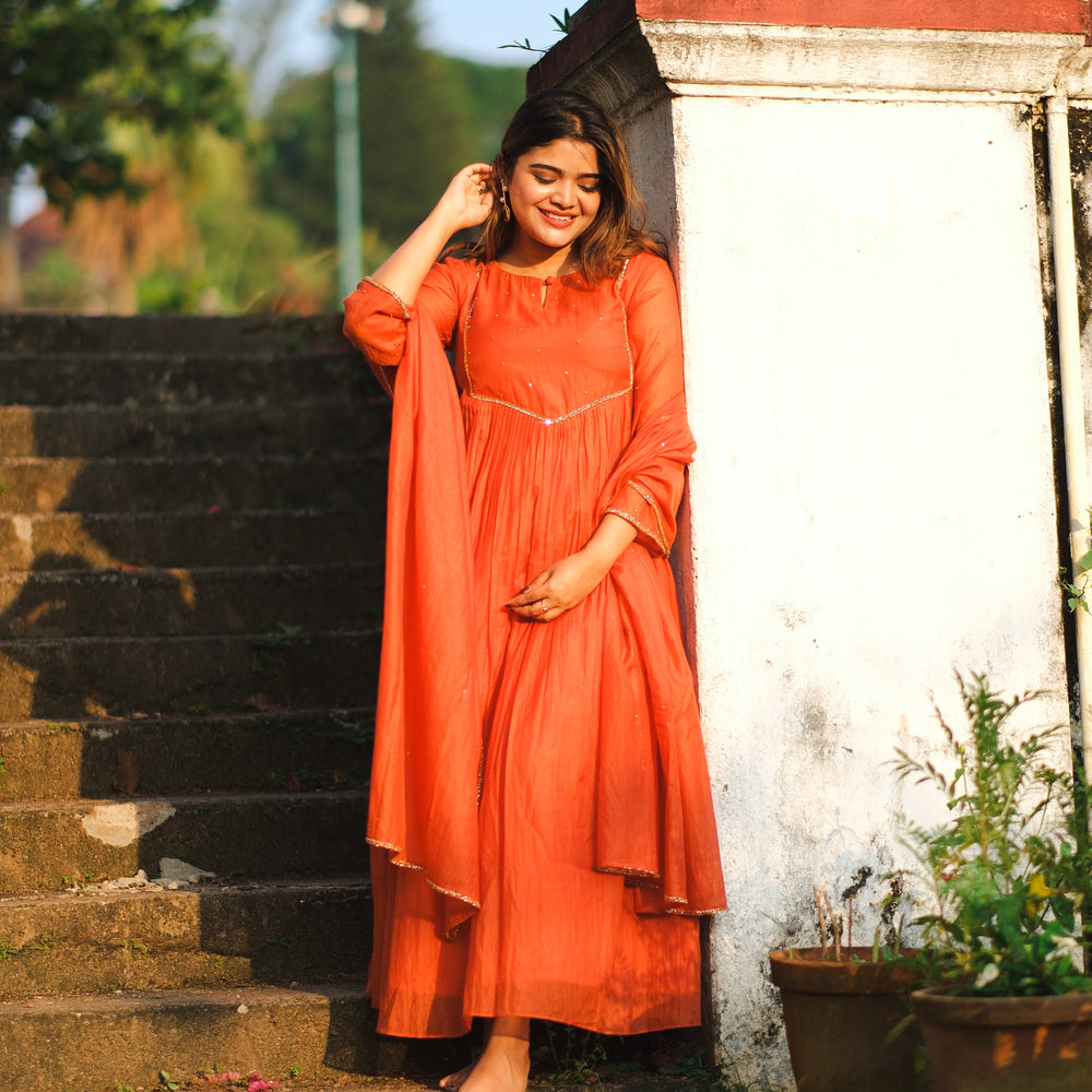 
                      
                        Mul Chanderi Timeless Burnt Orange Kurta Set (Luxe Pret Edition)
                      
                    