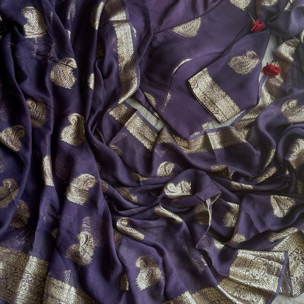 Rutvi’24 - Lilac Paisley Banarasi Soft Chiffon Saree