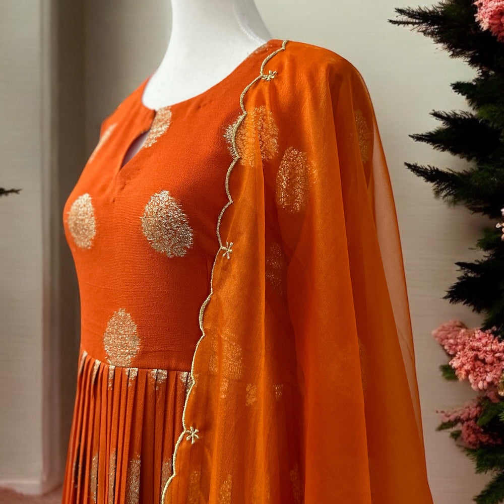 
                      
                        Delicious orange Banarasi soft Georgette Kurta Set
                      
                    