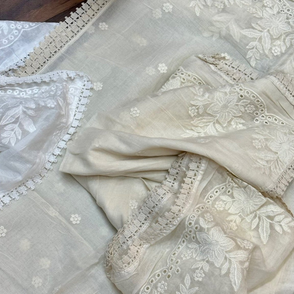 Dyeable Cream Flower Mul cotton - The Story Kameez