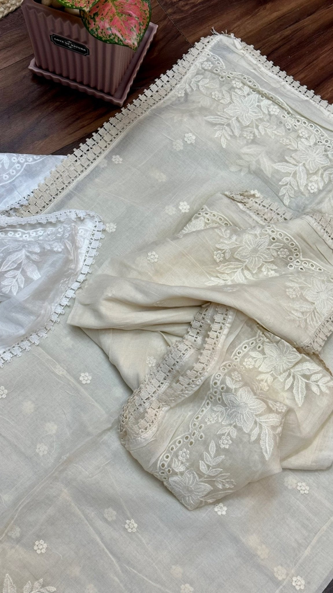 Dyeable Cream Flower Mul cotton - The Story Kameez