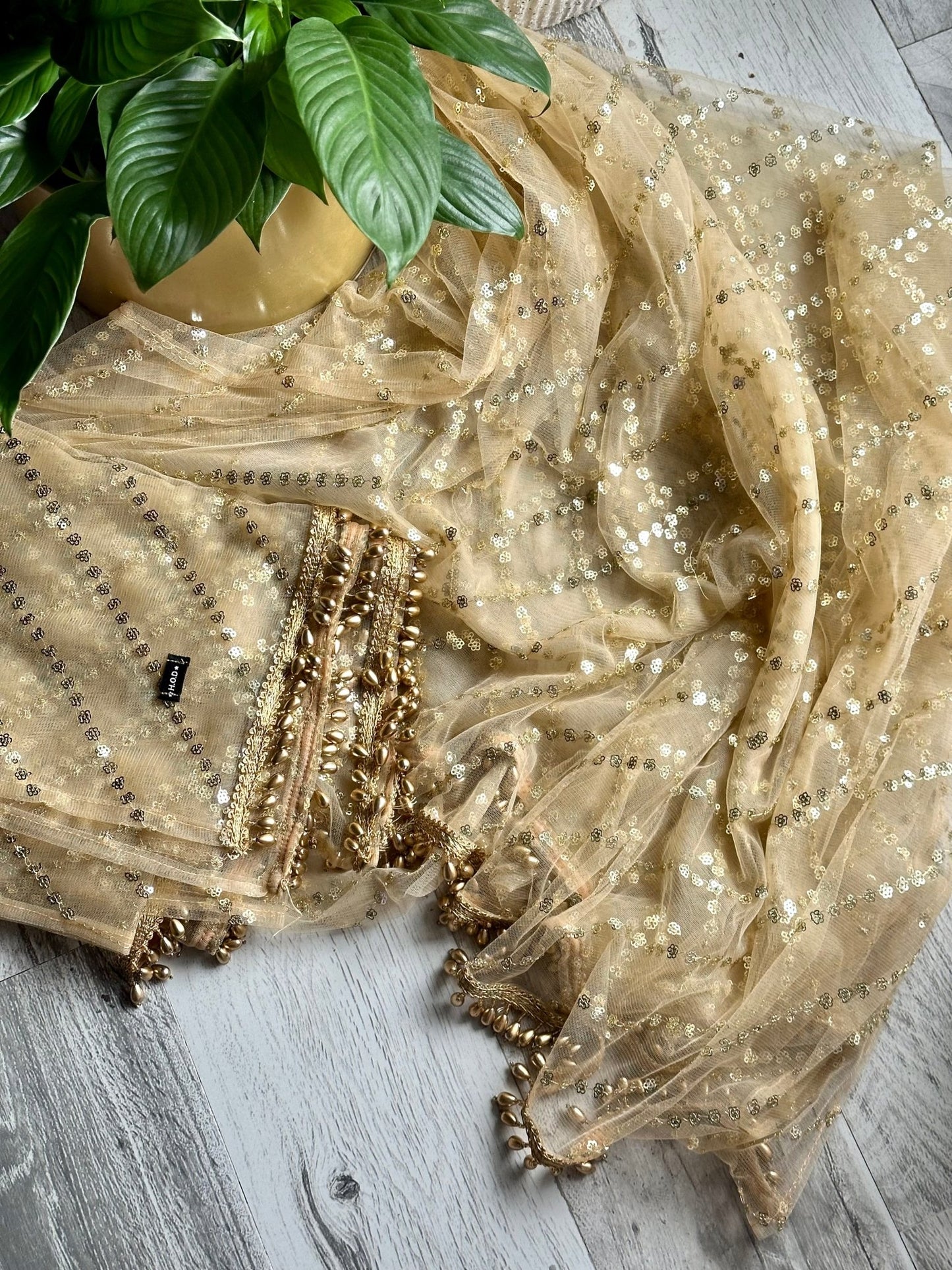 Golden Net Embellished Dupattas - The Story Kameez