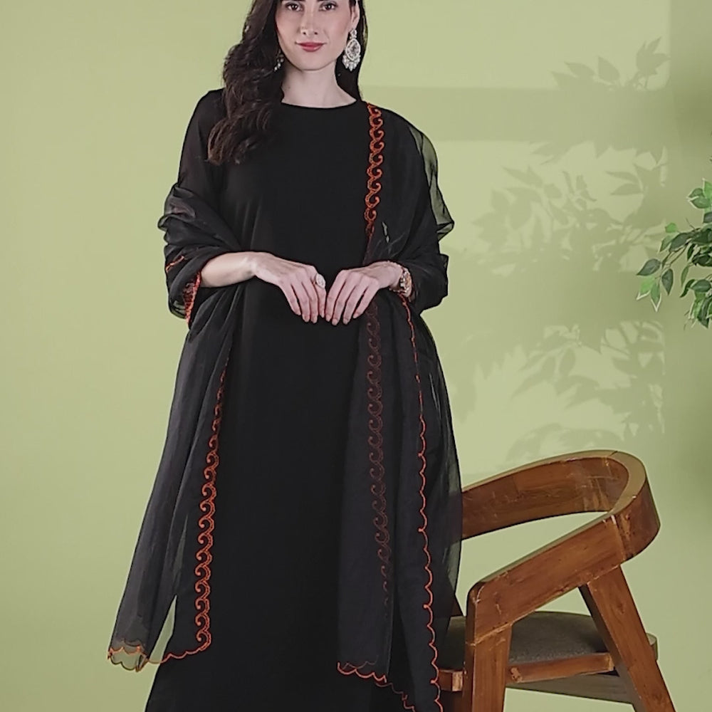 
                      
                        Load and play video in Gallery viewer, Black Premium embellished Burnt Orange kurta set
                      
                    